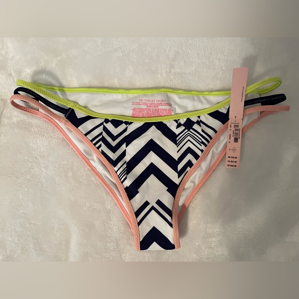 Victoria’s Secret The Strappy Cheeky Bikini Bottom Sz Med Ink Blot Blue White
